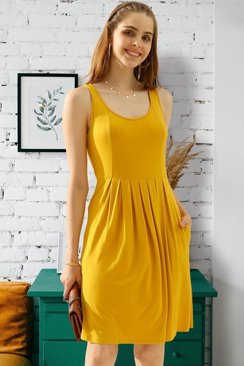 CASUAL SLEEVELESS PLEATED POCKETS DRESSES - Doublju