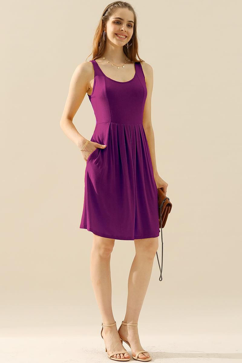 CASUAL SLEEVELESS PLEATED POCKETS DRESSES - Doublju