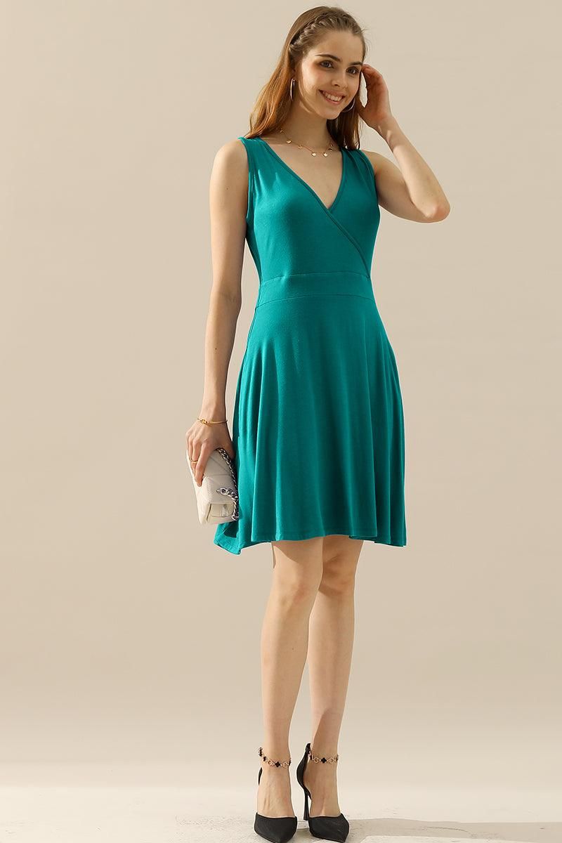 DEEP V NECK SLEEVELESS SWING FLOUNCE DRESSES - Doublju