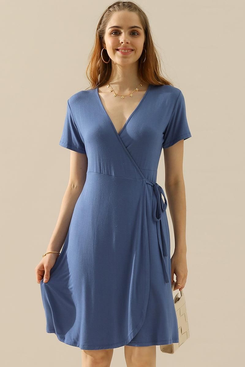 V NECK CASUALSHORT SLEEVE WRAP DRESSES - Doublju