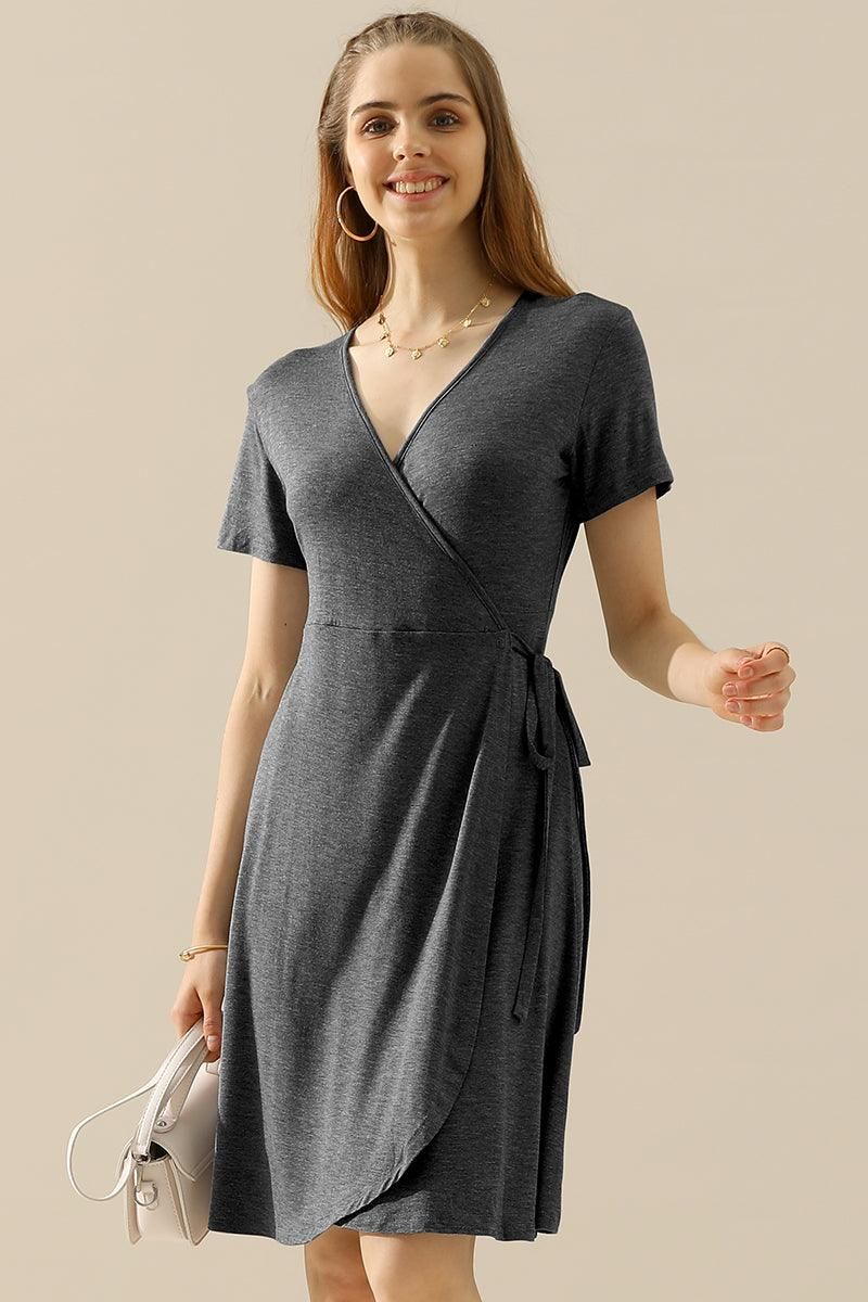 V NECK CASUALSHORT SLEEVE WRAP DRESSES - Doublju