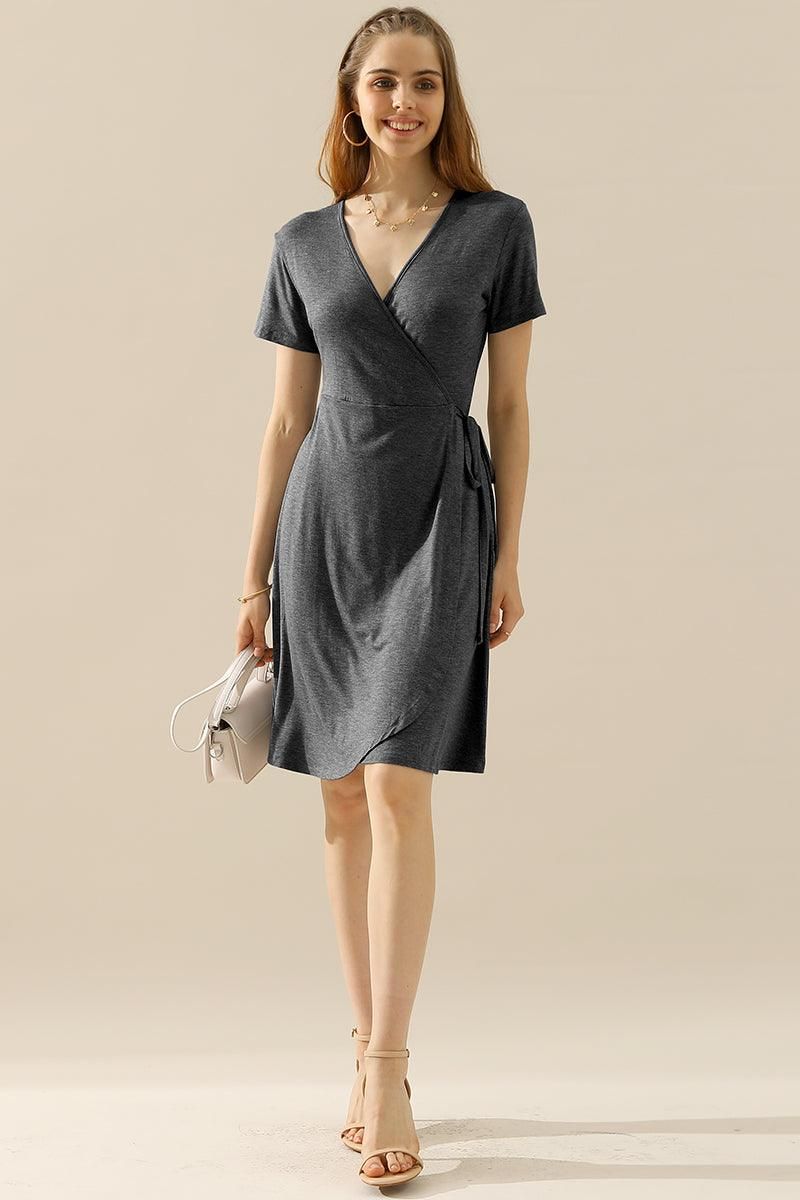 V NECK CASUALSHORT SLEEVE WRAP DRESSES - Doublju