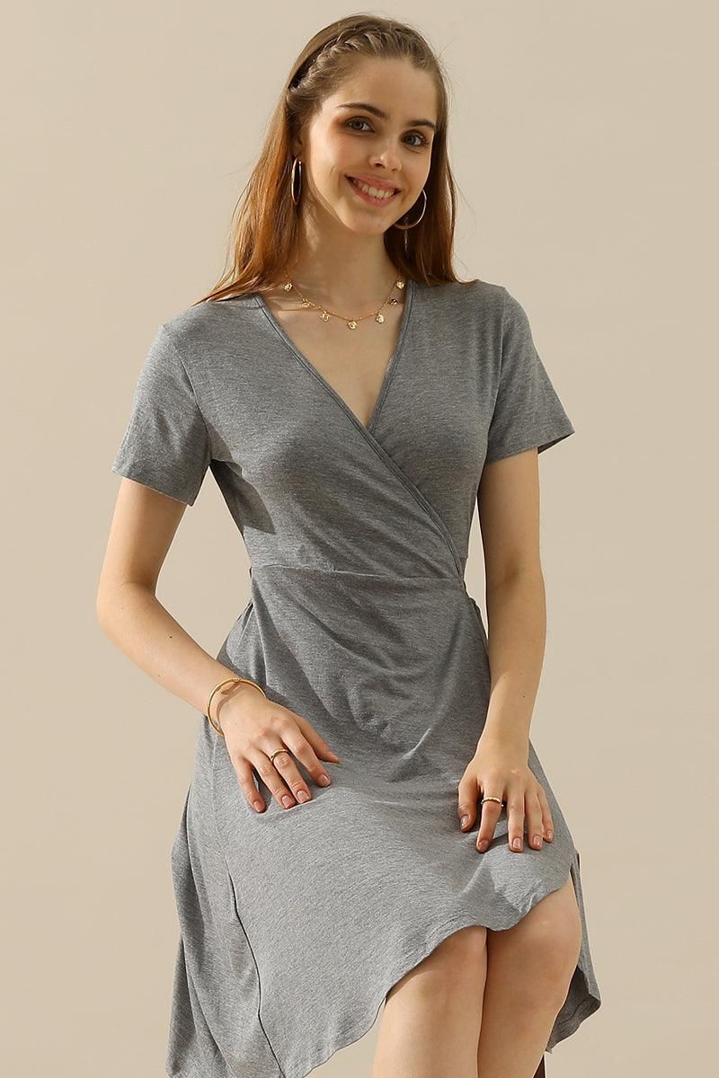 V NECK CASUALSHORT SLEEVE WRAP DRESSES - Doublju