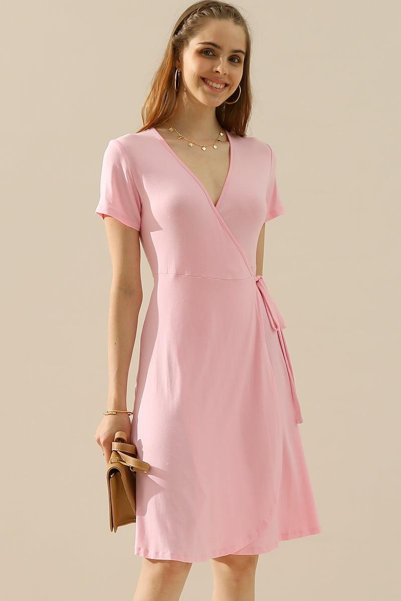 V NECK CASUALSHORT SLEEVE WRAP DRESSES - Doublju