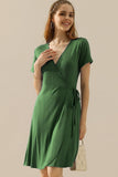 V NECK CASUALSHORT SLEEVE WRAP DRESSES - Doublju