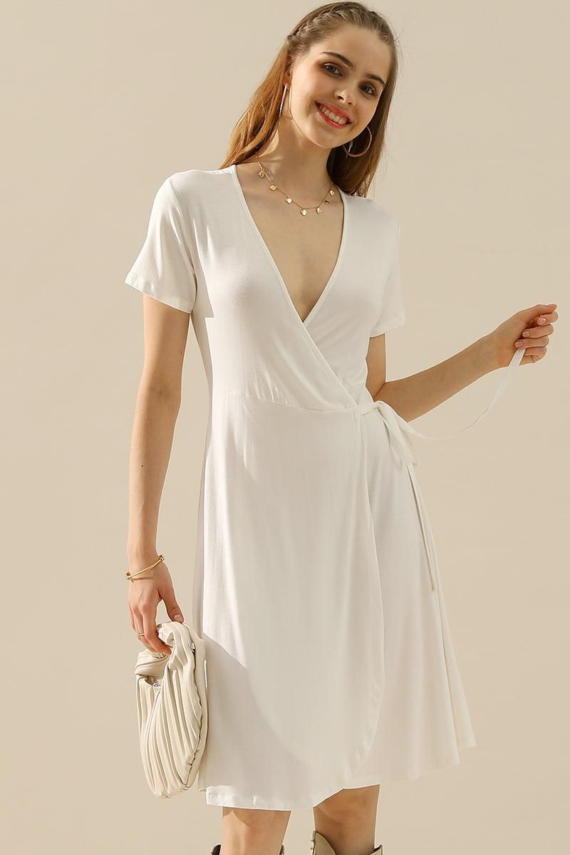 V NECK CASUALSHORT SLEEVE WRAP DRESSES - Doublju