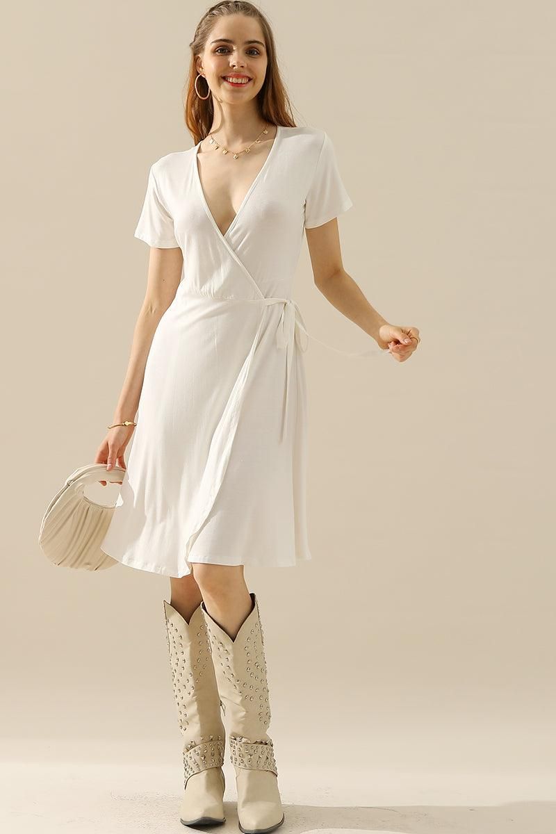 V NECK CASUALSHORT SLEEVE WRAP DRESSES - Doublju