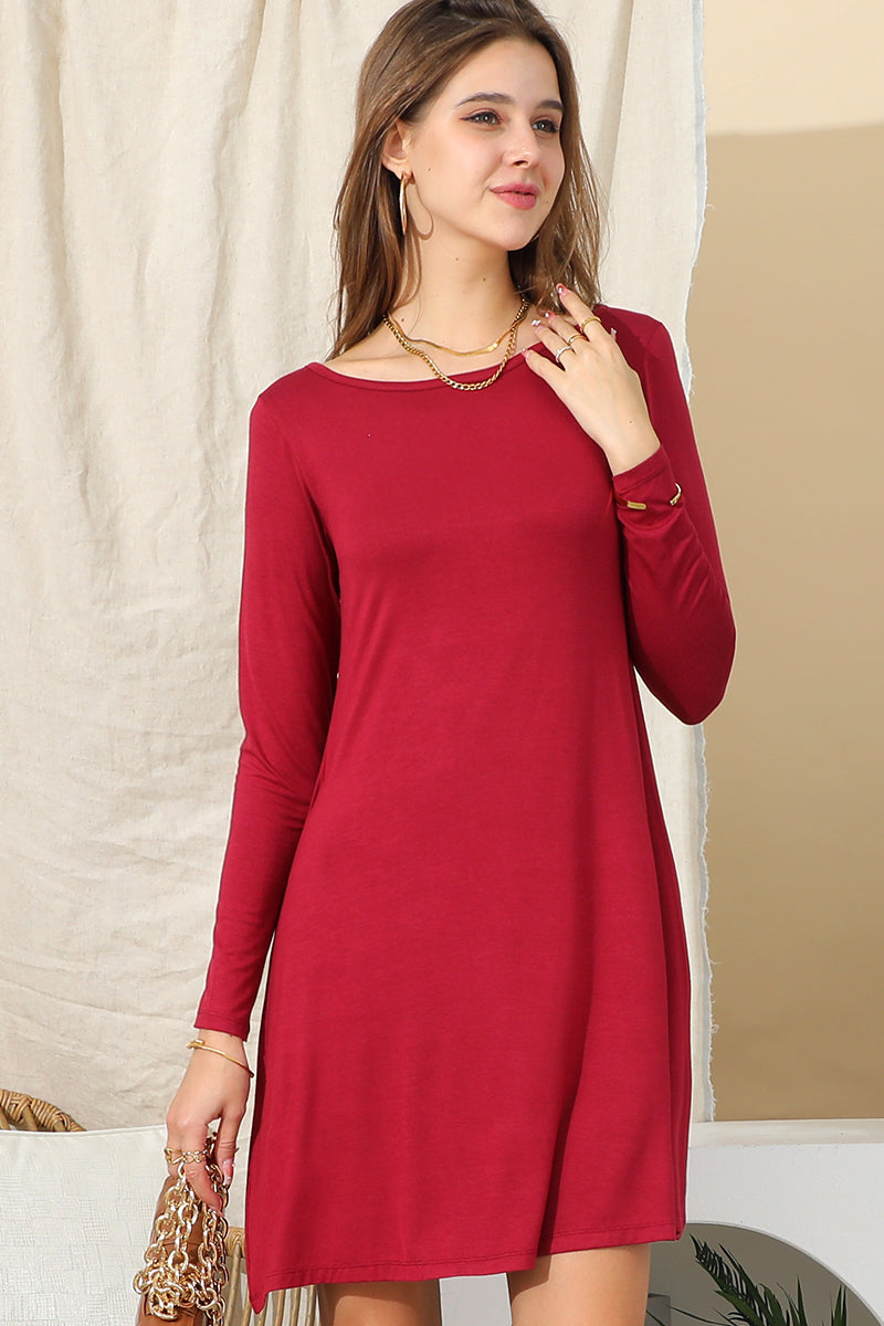 LONG SLEEVE WIDE ROUND NECK LOOSE FIT DRESS