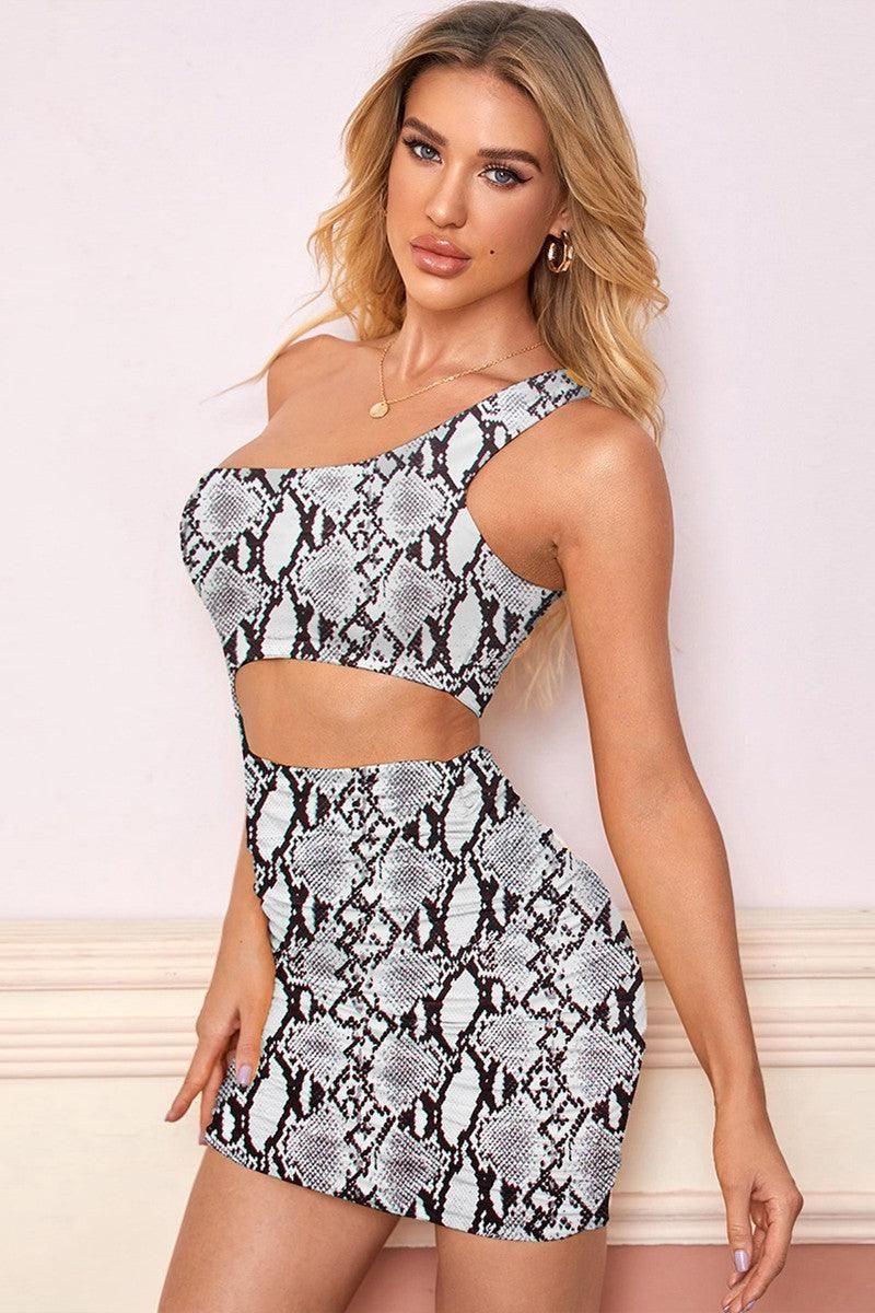 ONE SHOULDER CUT OUT WAIST WITH RUCHED DRESS - Doublju