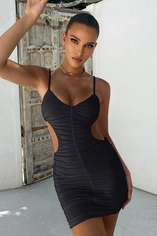 SHIRRING WITH CUT OUT DETAILED SEXY BODYCON DRESS - Doublju