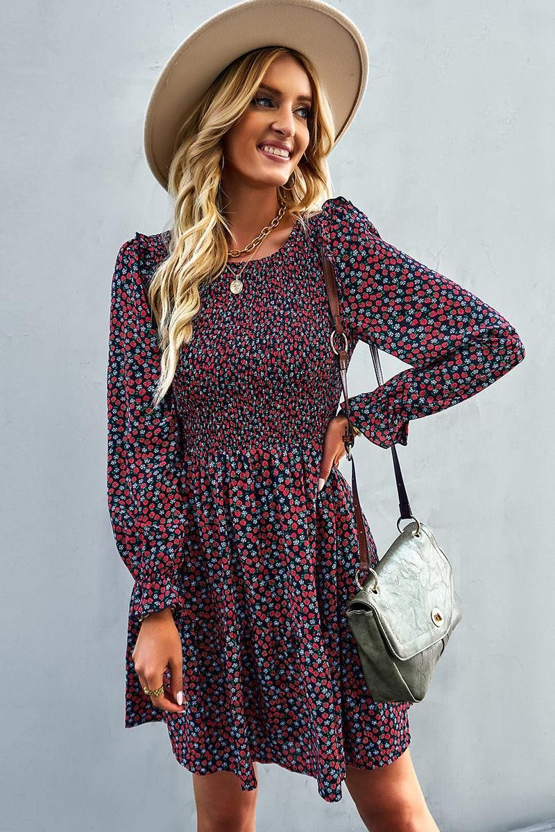 FLORAL PATTERN BASIC DRESS - Doublju