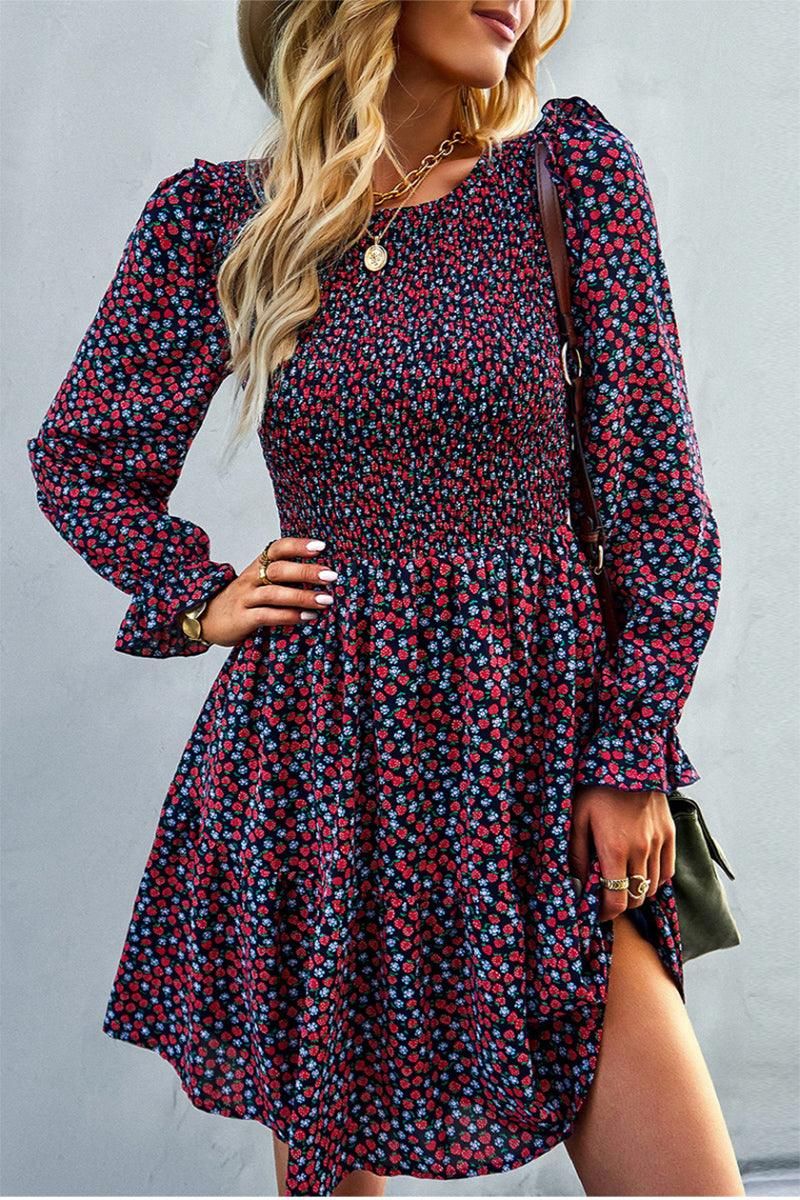 FLORAL PATTERN BASIC DRESS - Doublju