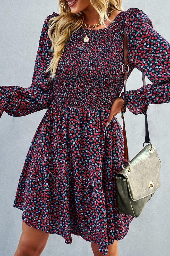 FLORAL PATTERN BASIC DRESS - Doublju