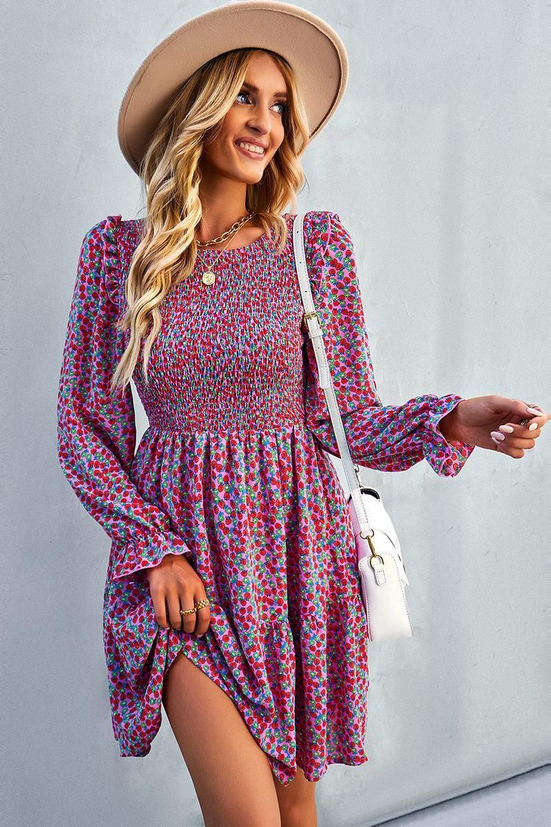 FLORAL PATTERN BASIC DRESS - Doublju