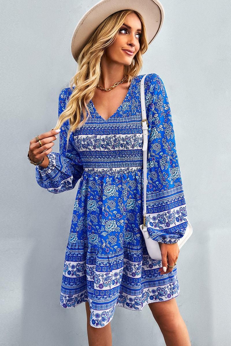 PATTERNED LOOSE SLEEVE MIDI DRESS - Doublju