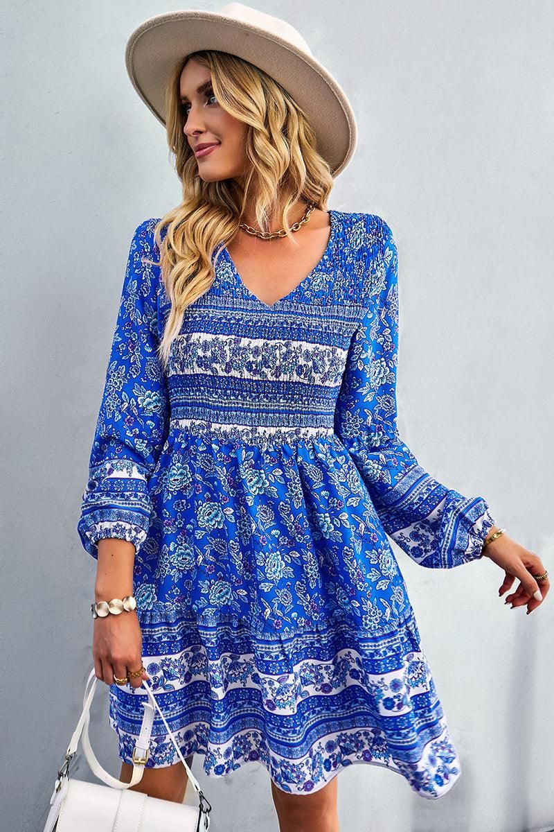 PATTERNED LOOSE SLEEVE MIDI DRESS - Doublju