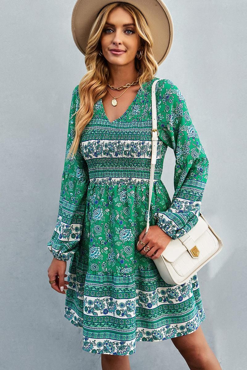 PATTERNED LOOSE SLEEVE MIDI DRESS - Doublju