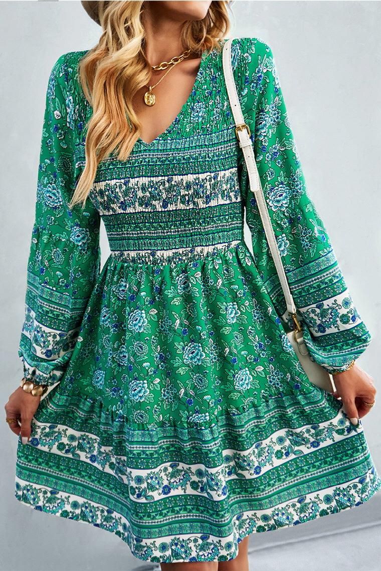 PATTERNED LOOSE SLEEVE MIDI DRESS - Doublju