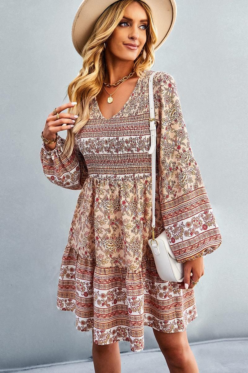 PATTERNED LOOSE SLEEVE MIDI DRESS - Doublju