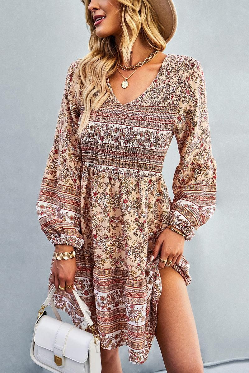 PATTERNED LOOSE SLEEVE MIDI DRESS - Doublju