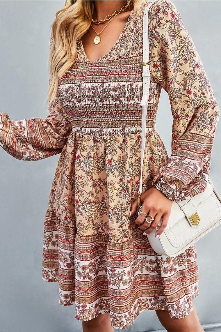 PATTERNED LOOSE SLEEVE MIDI DRESS - Doublju