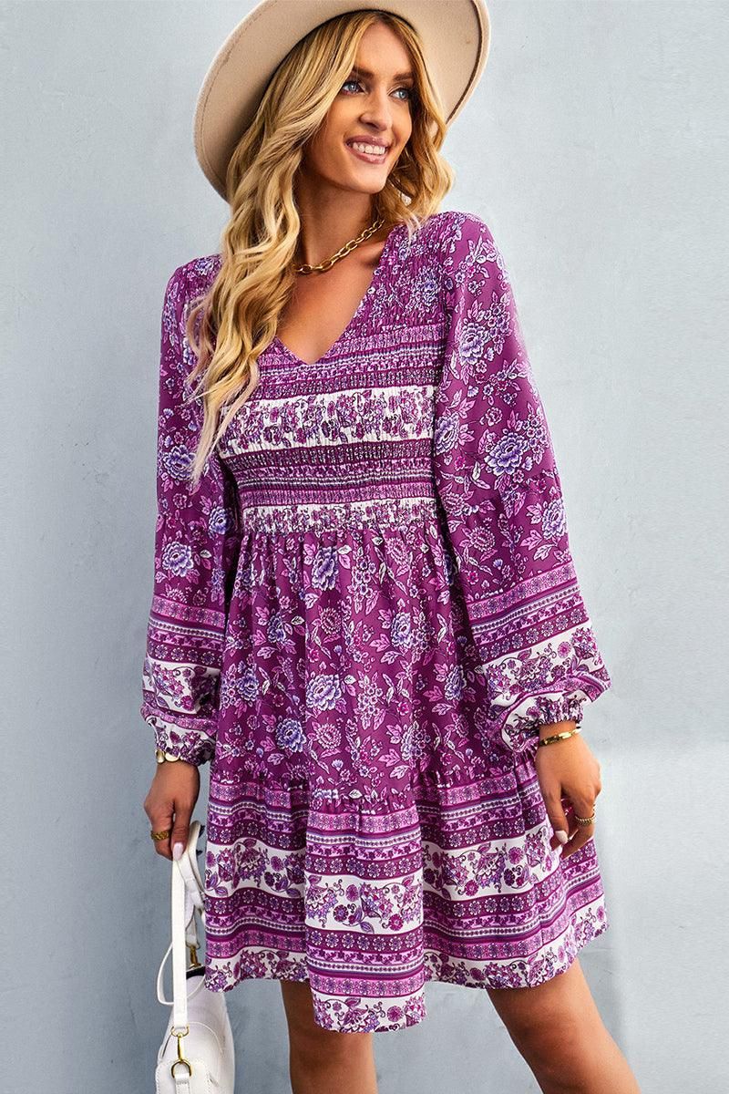 PATTERNED LOOSE SLEEVE MIDI DRESS - Doublju