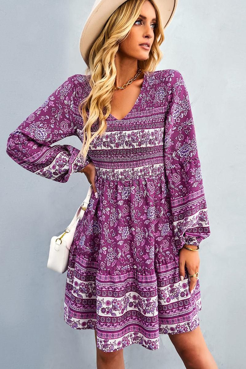 PATTERNED LOOSE SLEEVE MIDI DRESS - Doublju