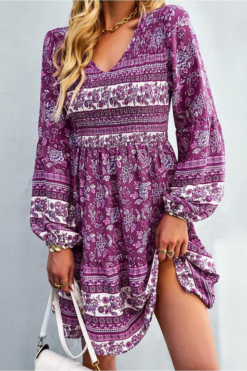 PATTERNED LOOSE SLEEVE MIDI DRESS - Doublju