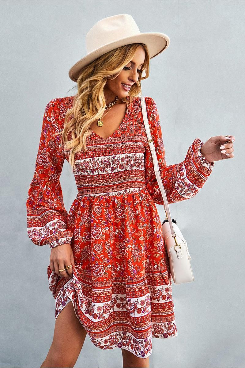 PATTERNED LOOSE SLEEVE MIDI DRESS - Doublju