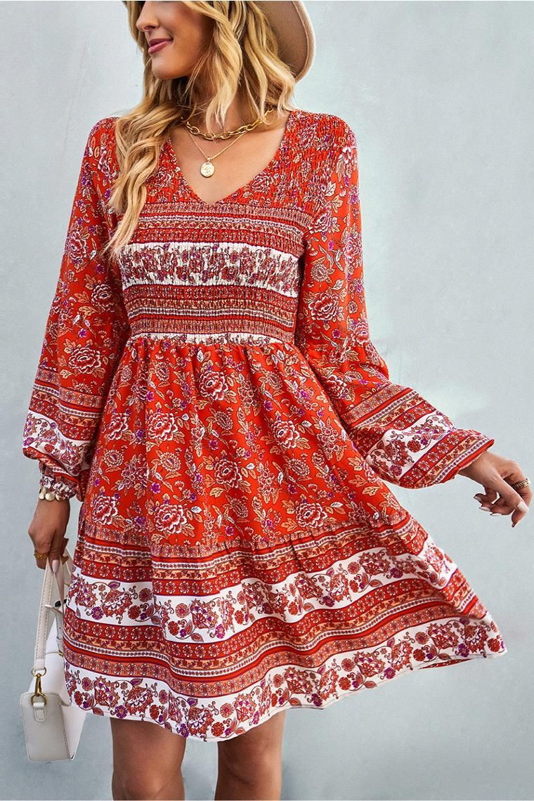 PATTERNED LOOSE SLEEVE MIDI DRESS - Doublju