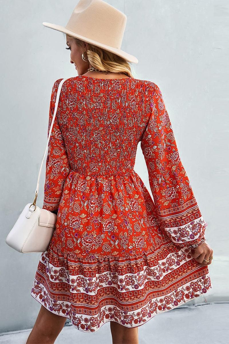 PATTERNED LOOSE SLEEVE MIDI DRESS - Doublju