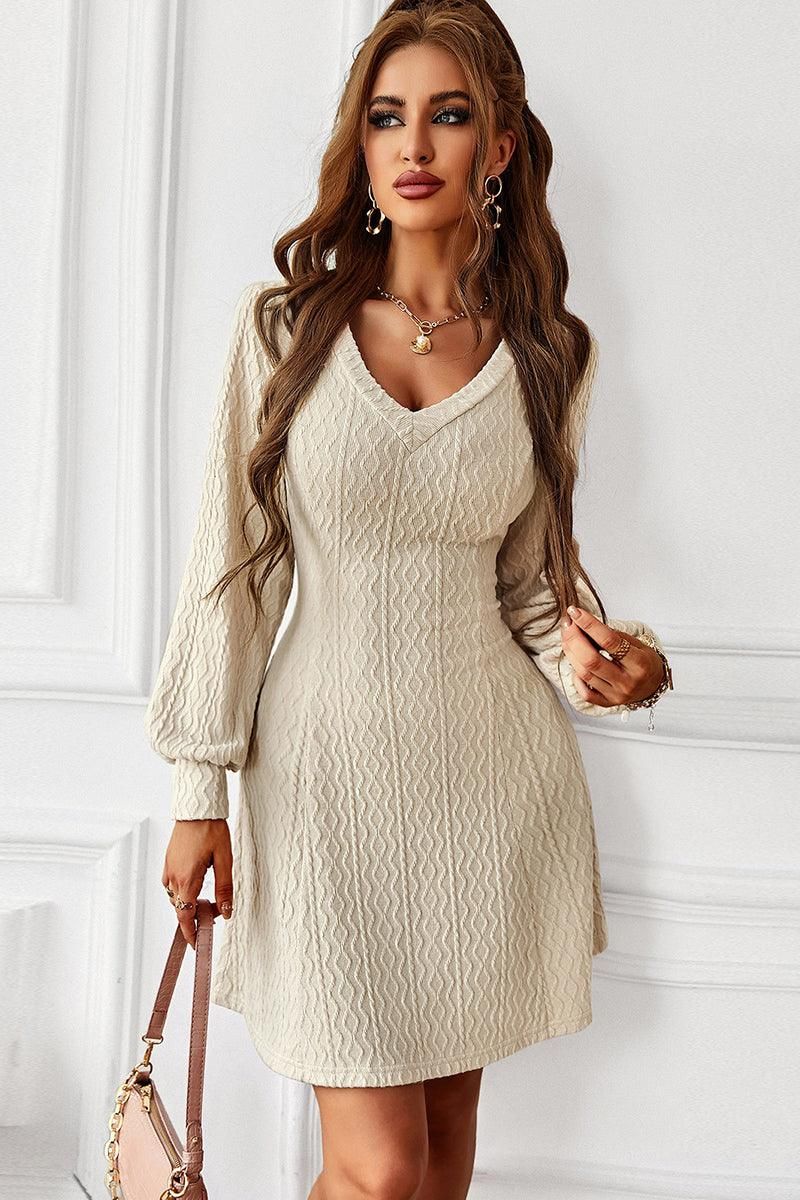 V NECK SLIM WAIST FIT CABLE KNIT DRESS - Doublju