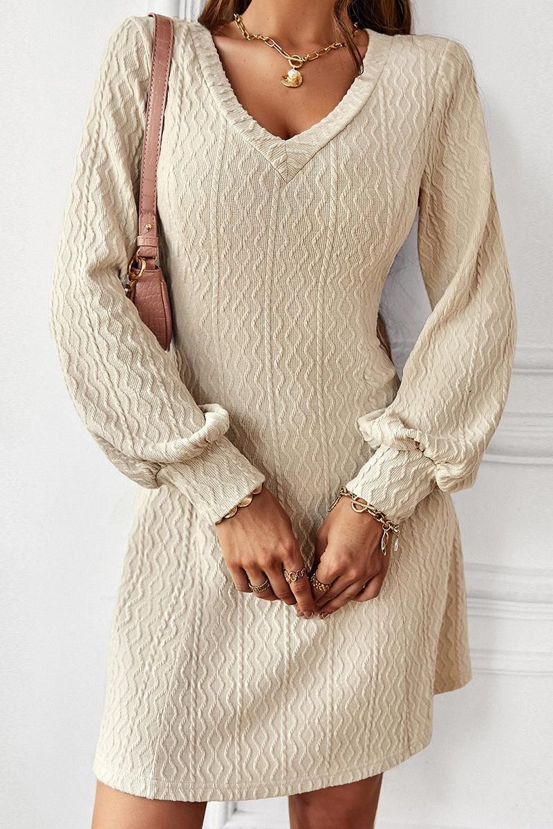 V NECK SLIM WAIST FIT CABLE KNIT DRESS - Doublju