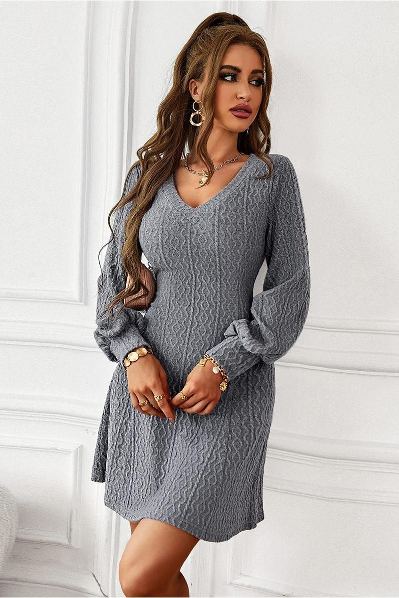 V NECK SLIM WAIST FIT CABLE KNIT DRESS - Doublju