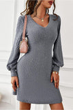 V NECK SLIM WAIST FIT CABLE KNIT DRESS - Doublju