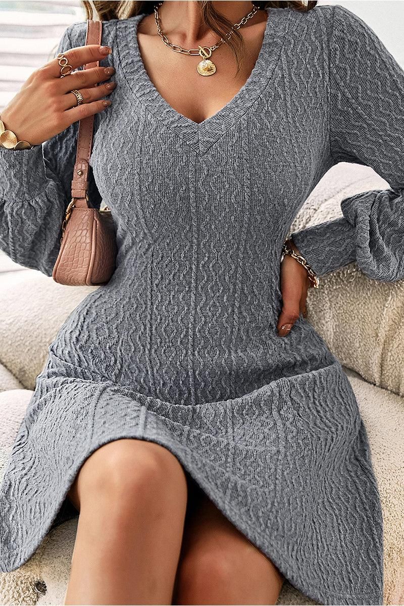 V NECK SLIM WAIST FIT CABLE KNIT DRESS - Doublju