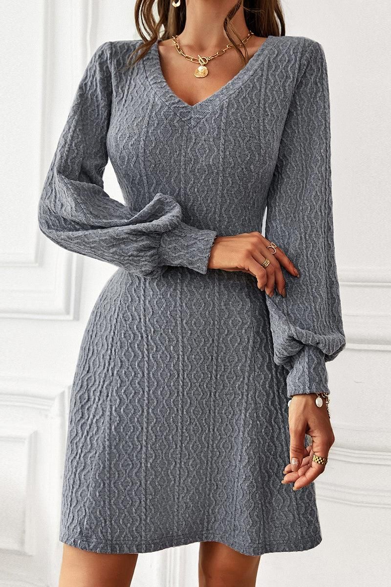 V NECK SLIM WAIST FIT CABLE KNIT DRESS - Doublju