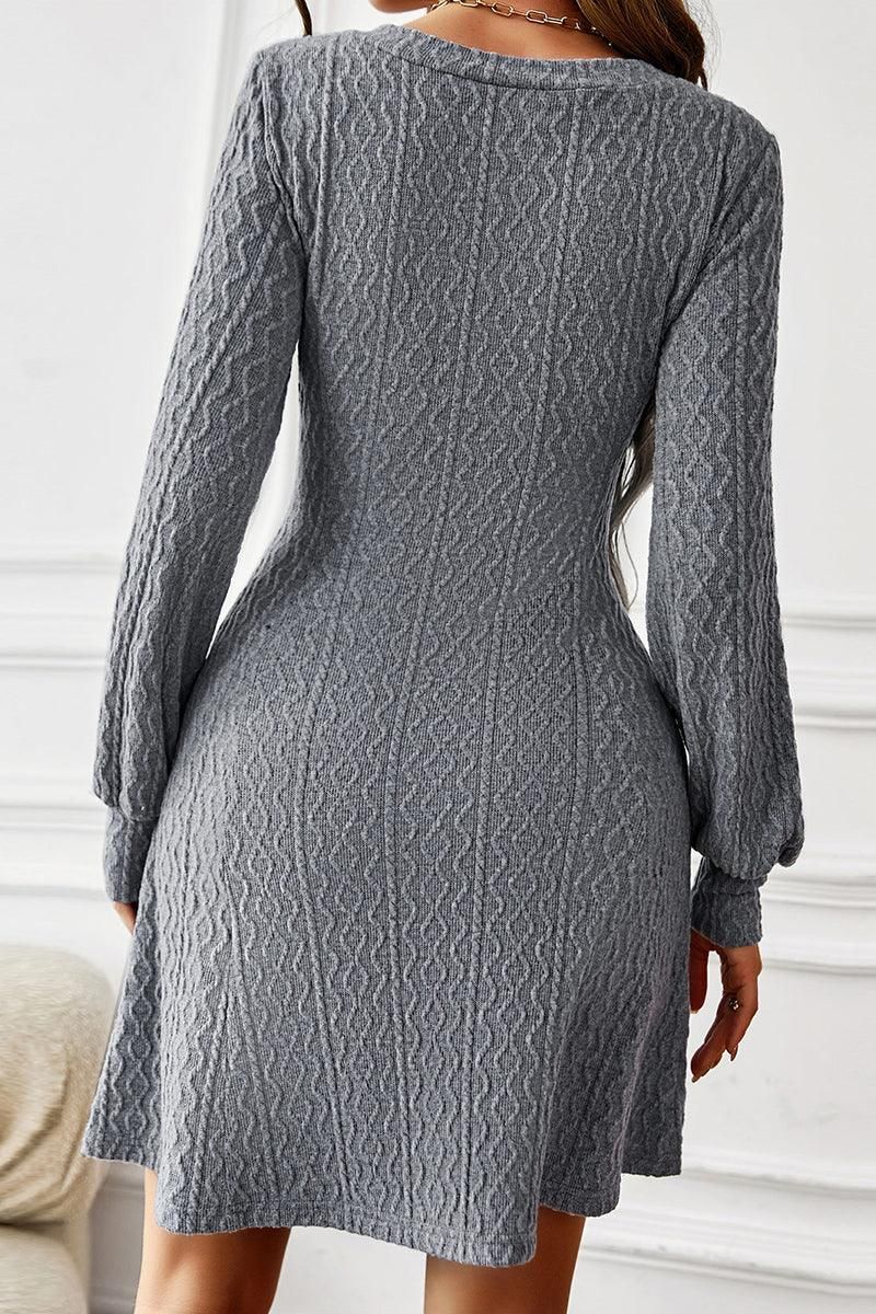 V NECK SLIM WAIST FIT CABLE KNIT DRESS - Doublju