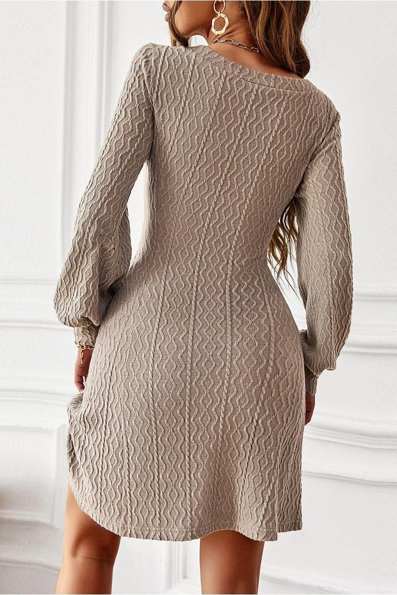 V NECK SLIM WAIST FIT CABLE KNIT DRESS - Doublju