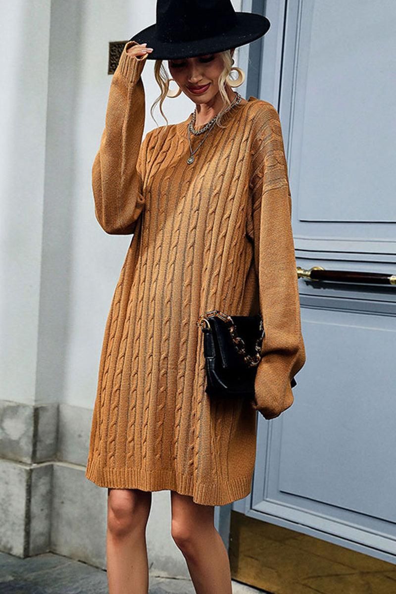 CABLE KNIT LONG SLEEVE CASUAL DRESS - Doublju