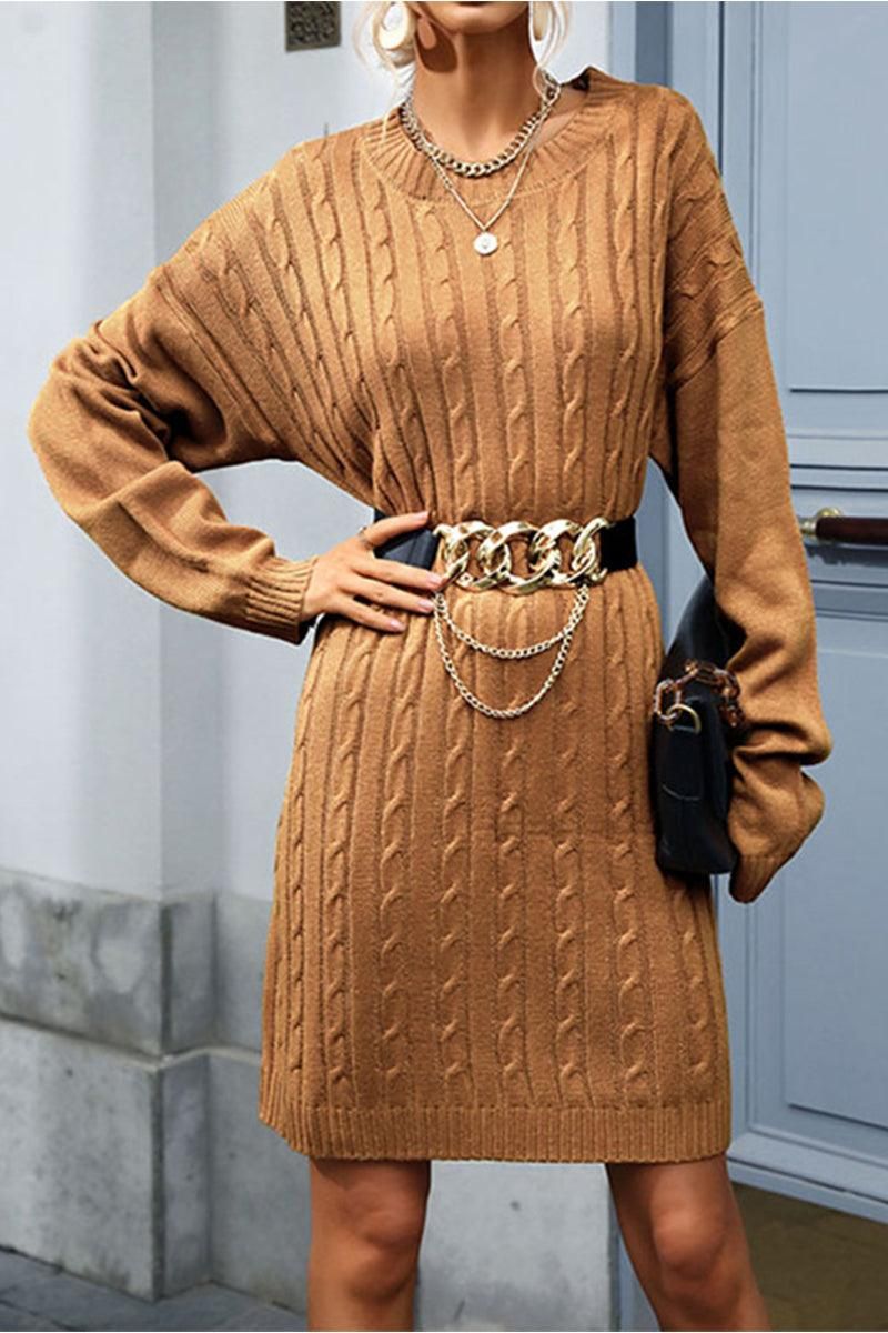 CABLE KNIT LONG SLEEVE CASUAL DRESS - Doublju