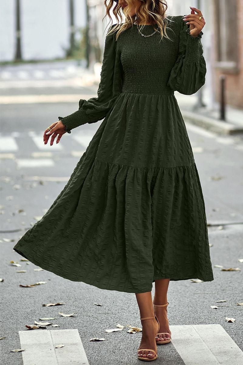 LONG SLEEVED SLIM WAIST SWING DRESS - Doublju