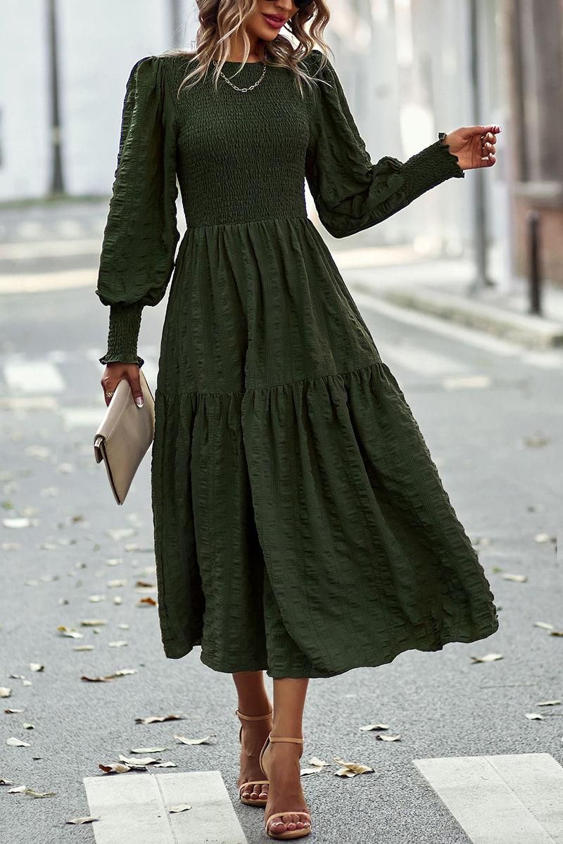 LONG SLEEVED SLIM WAIST SWING DRESS - Doublju