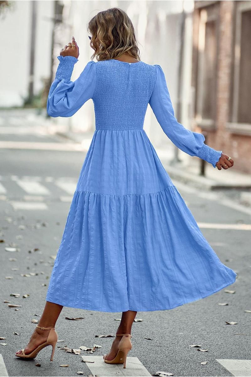 LONG SLEEVED SLIM WAIST SWING DRESS - Doublju