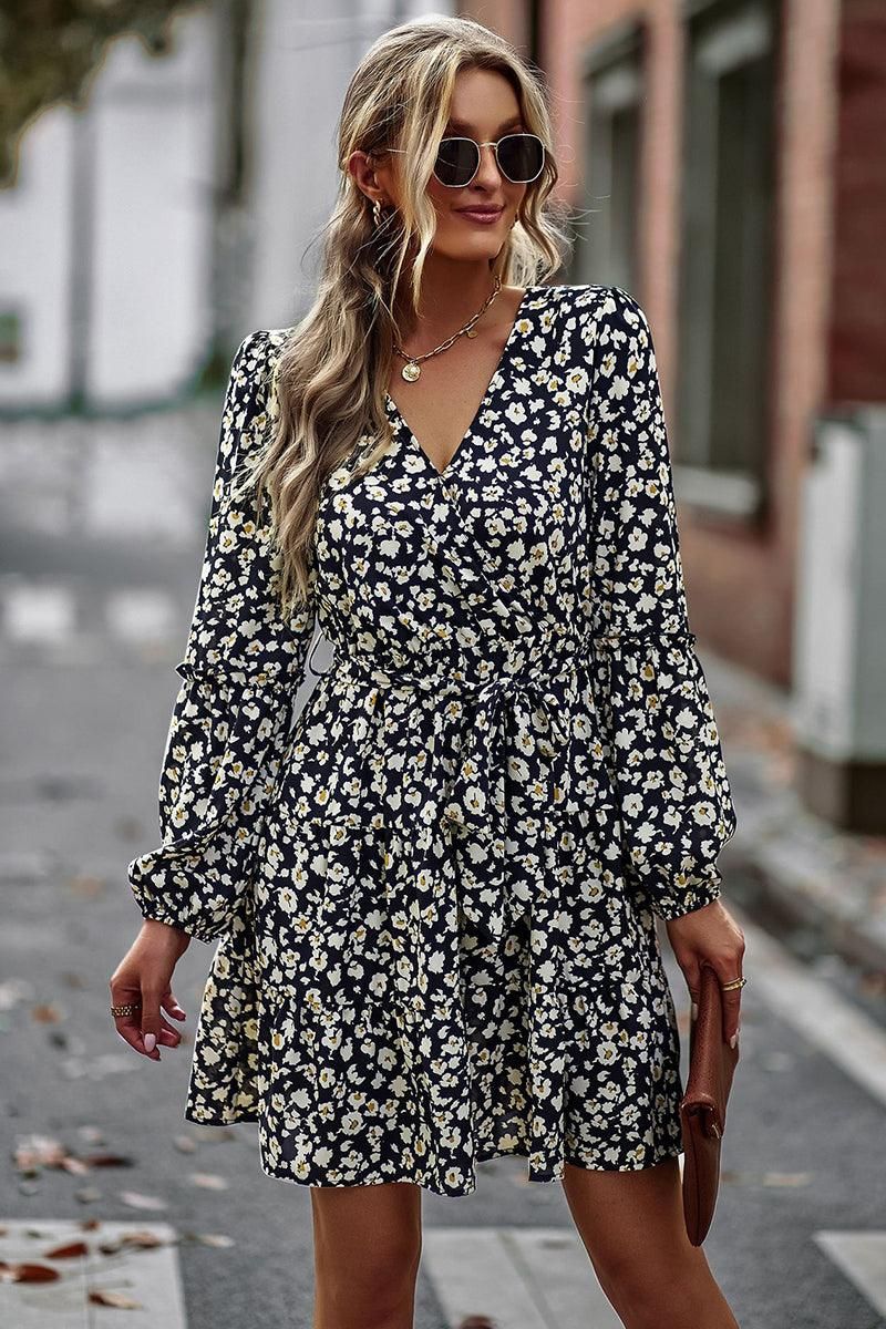 FLORAL PRINTING V NECK CASUAL DRESS - Doublju