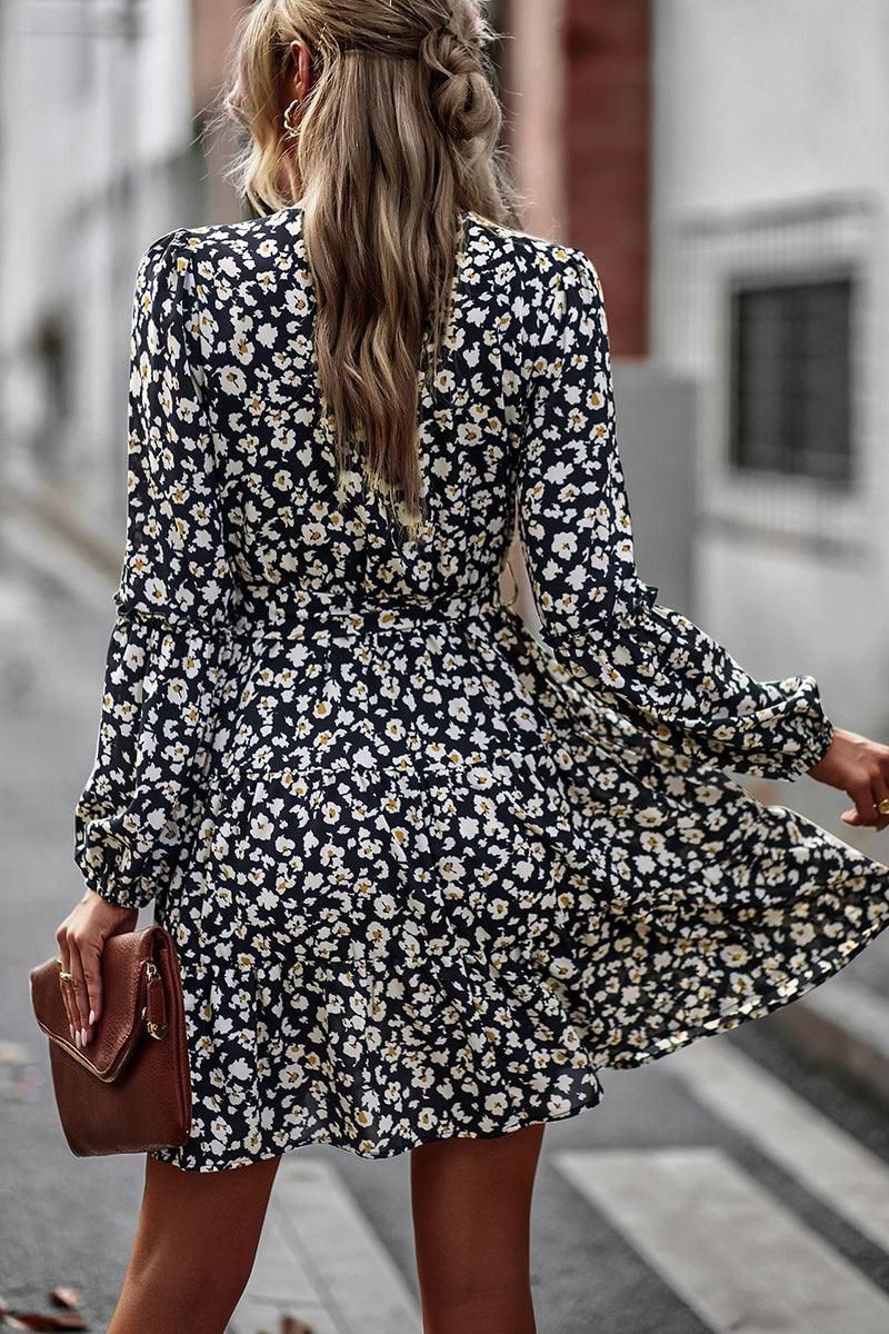 FLORAL PRINTING V NECK CASUAL DRESS - Doublju