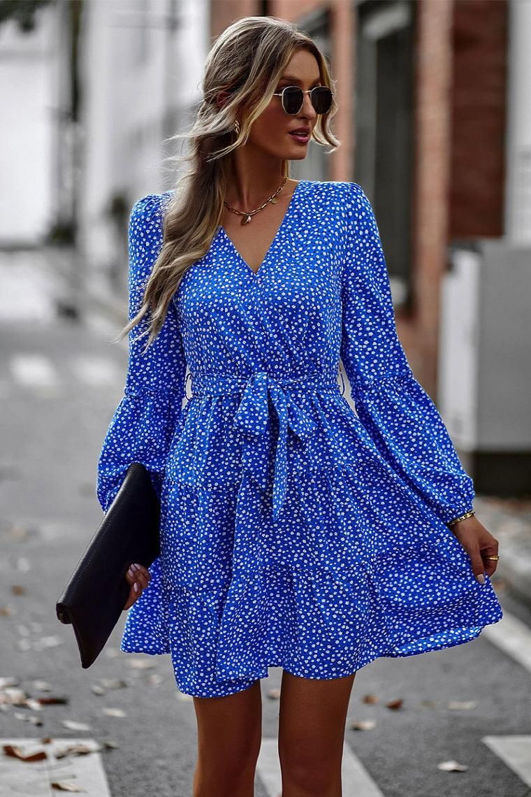 FLORAL PRINTING V NECK CASUAL DRESS - Doublju