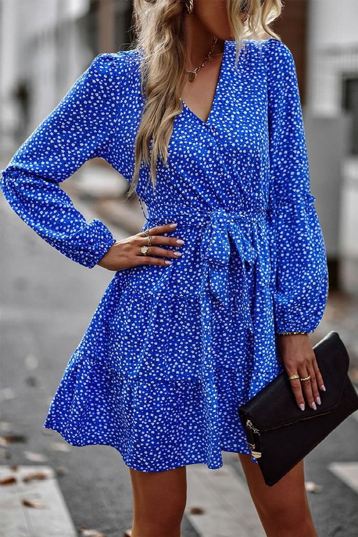 FLORAL PRINTING V NECK CASUAL DRESS - Doublju