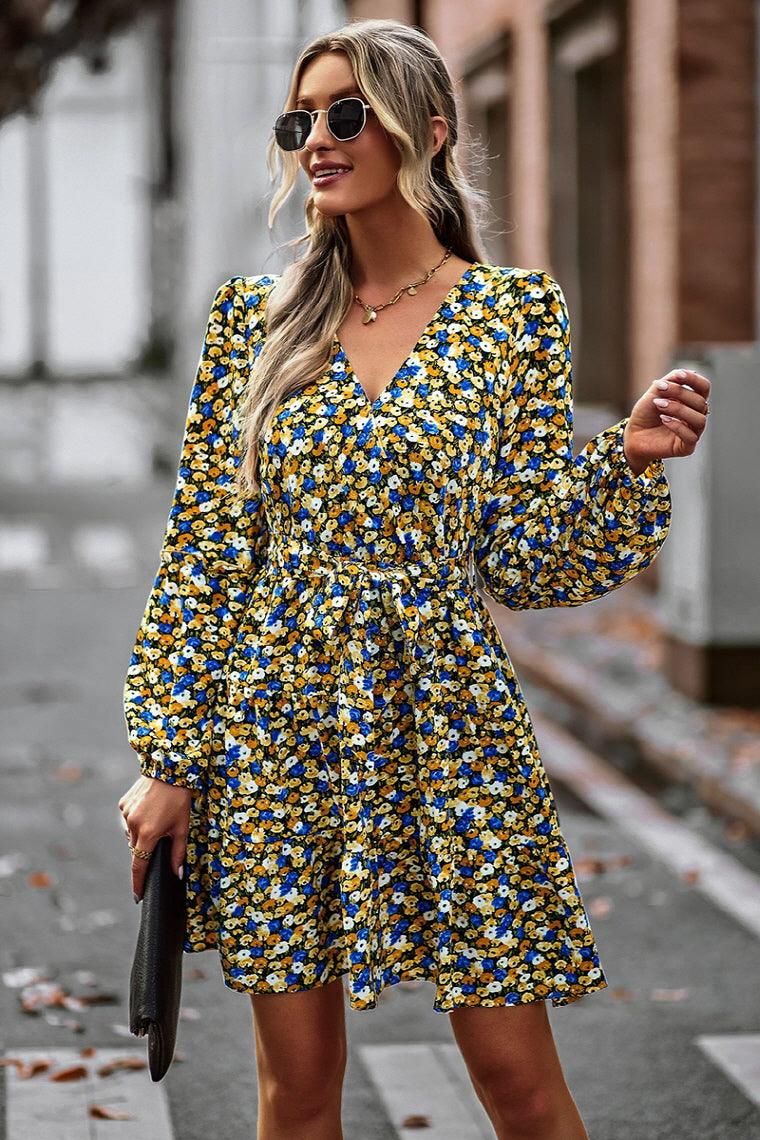 FLORAL PRINTING V NECK CASUAL DRESS - Doublju