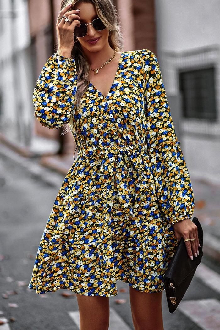 FLORAL PRINTING V NECK CASUAL DRESS - Doublju